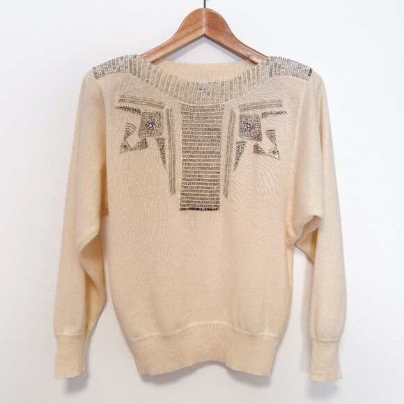 Vintage 80s Anne Klein Cream Lambswool Angora Beaded Batwing Sweater Size Medium - Picture 9 of 13